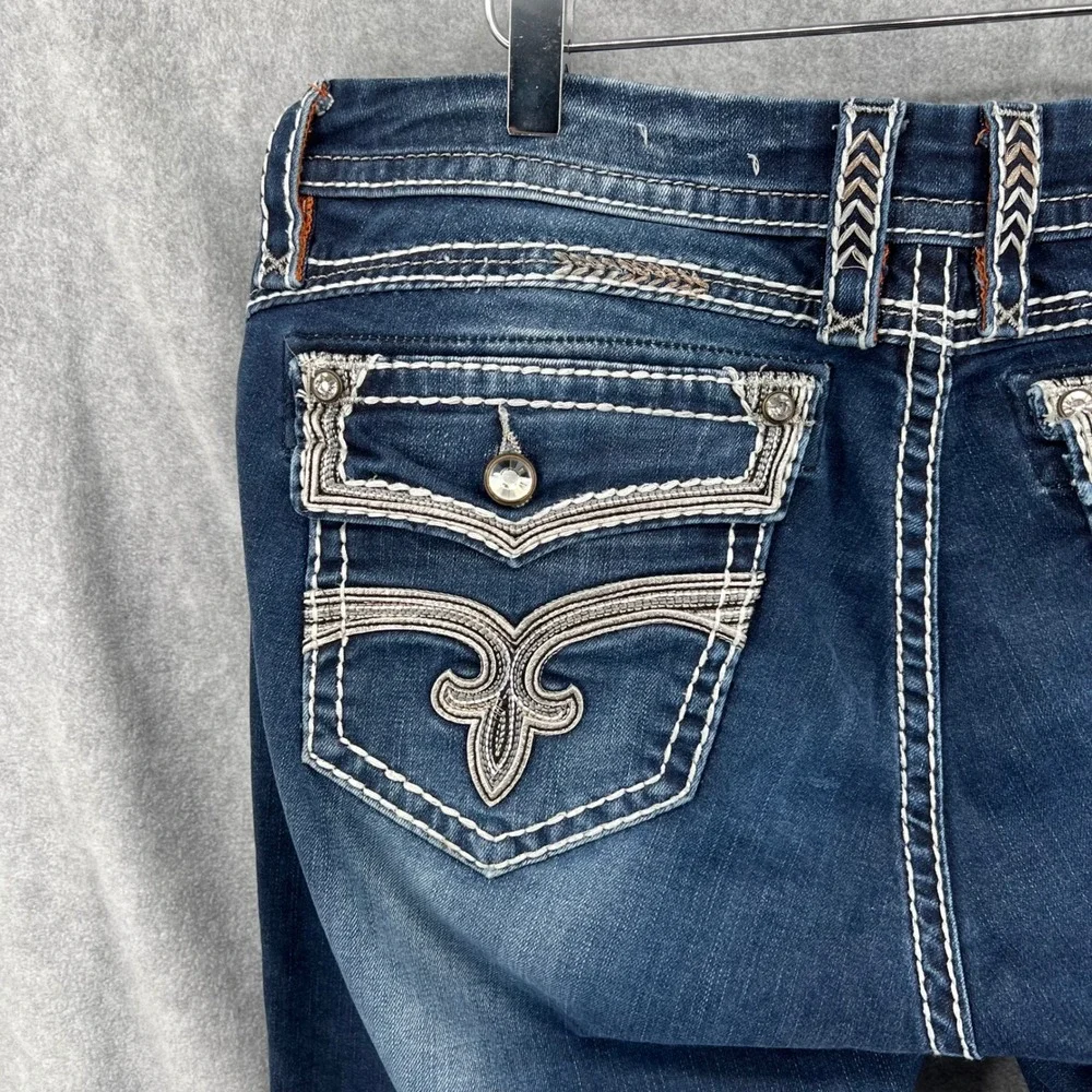 Rock Revival Eleanor Easy Boot Jean Womens 32 Blue Dark Wash Rhinestone E8436E4X